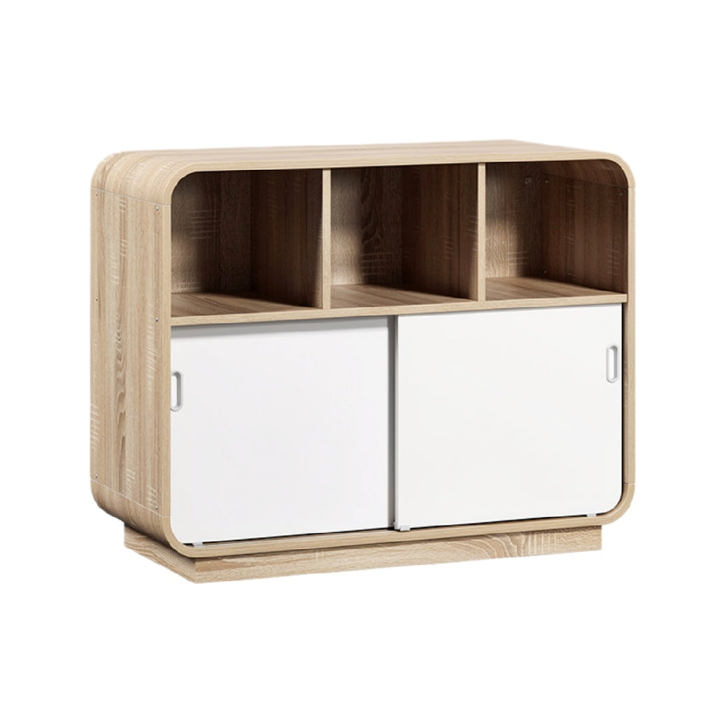 Moderne houten tv-meubel met open vakken en schuifdeuren