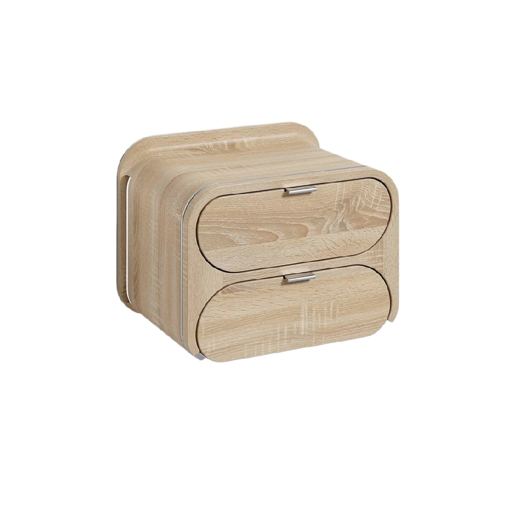 Moderne nachtkast met twee lades van natuurlijk hout.